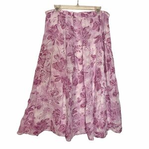 J Jill Purple White Floral Pleated 100% Linen Midi Skirt Cotton Lined 12 PETITE